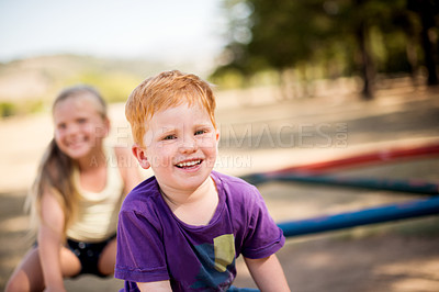 Buy stock photo Balance, merry go round and children in forest for active play, development or growth. Adventure, game and smile on carousel with happy boy and girl friends having fun at playground together