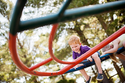 Buy stock photo Balance, merry go round and smile with children in forest for active play, development or growth. Adventure, carousel or ride with boy and girl kids having fun at playground together as friends
