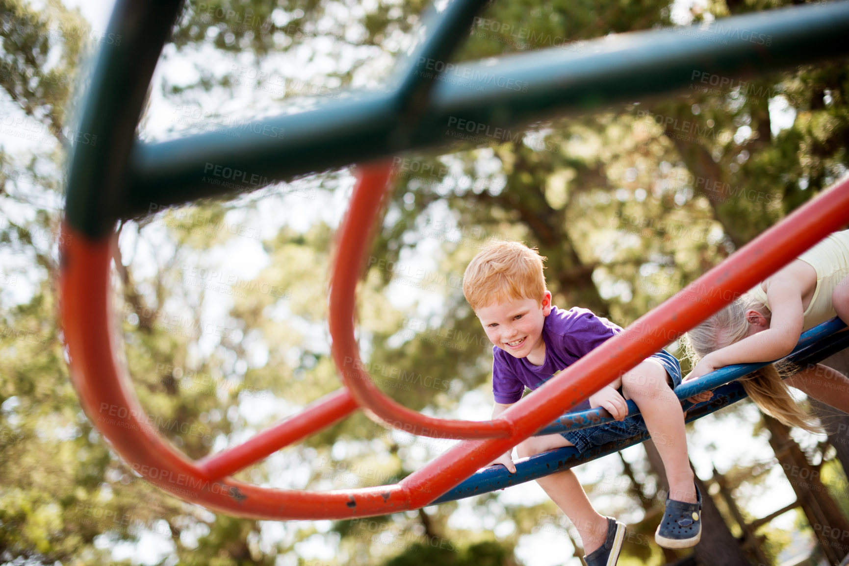 Buy stock photo Balance, merry go round and smile with children in forest for active play, development or growth. Adventure, carousel or ride with boy and girl kids having fun at playground together as friends