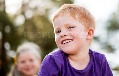 Buy stock photo Smile, youth and fun with boy in park for adventure, summer vacation and bonding. Happiness, kindergarten child development and playful with kids on playground outdoors for games, holiday and nature