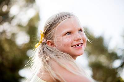 Buy stock photo Happy girl, nature and playing with dream for fun childhood, fresh air or outdoor adventure at park. Child, kid or smile with vision in youth for playful summer, travel or trip in forest or woods