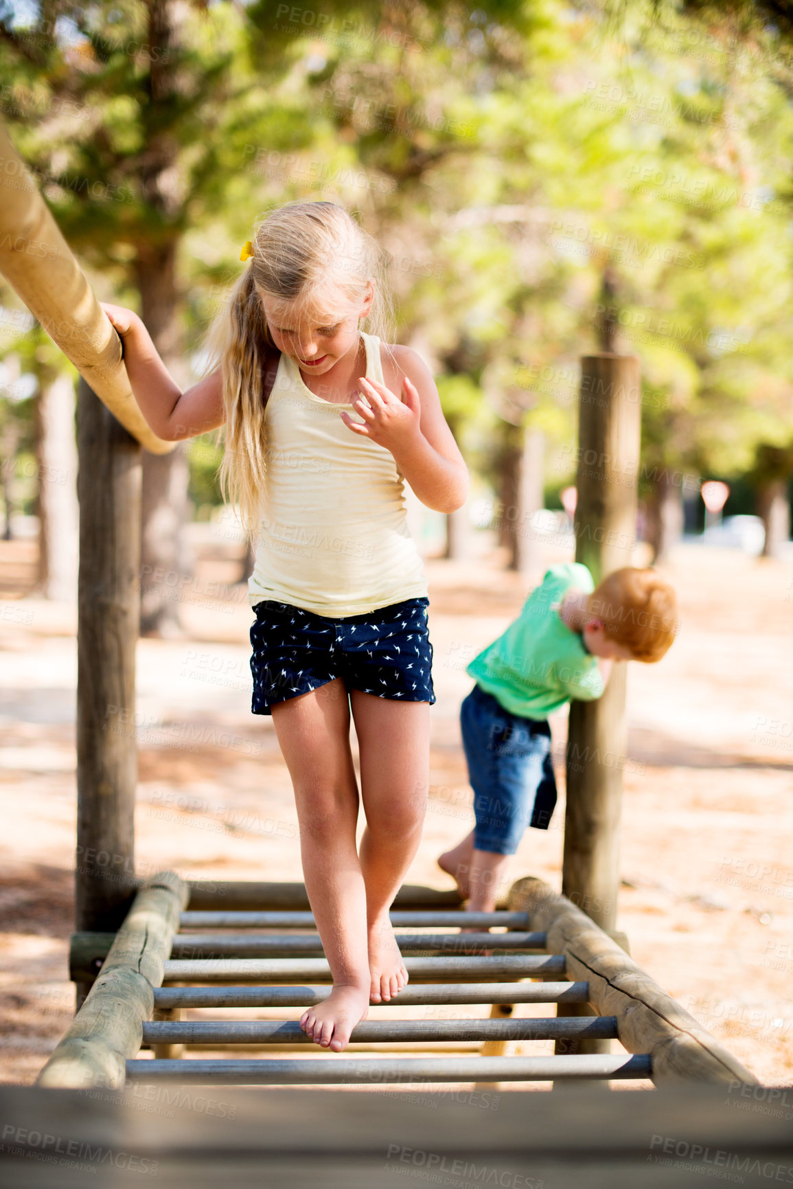Buy stock photo Kids, siblings and playground at park for game, walking and climbing for balance. Children, brother and sister playing outdoor on holiday, fun vacation or family on adventure at jungle gym together