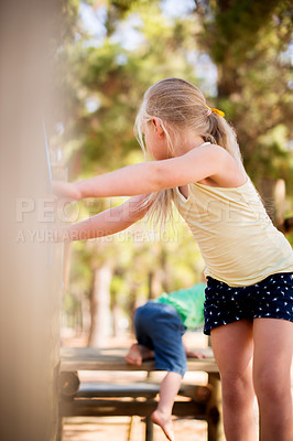 Buy stock photo Games, playground and youth with kids in park for growth, adventure and bonding together. Jungle gym, friends and kindergarten child playing outdoors for exercise, nature and fun on summer holiday
