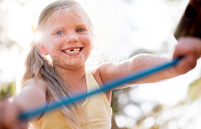 Buy stock photo Happy girl, portrait and fun childhood with playground at outdoor park for playful summer in nature. Cute child, young kid or toddler with smile or youth for weekend, holiday or playing in sunshine 