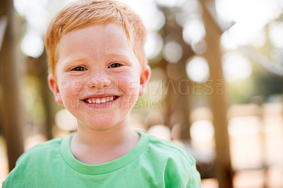 Buy stock photo Smile, portrait and youth with boy in park for adventure, playground games and summer vacation. Happiness, fun and kindergarten child development with kid playing outdoors for weekend break.