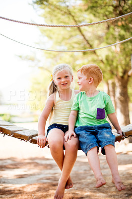 Buy stock photo Fun, portrait and children hugging in park for bonding, connection or adventure together. Happy, siblings and kids embracing outdoor on playground for development, growth and exploring in nature.