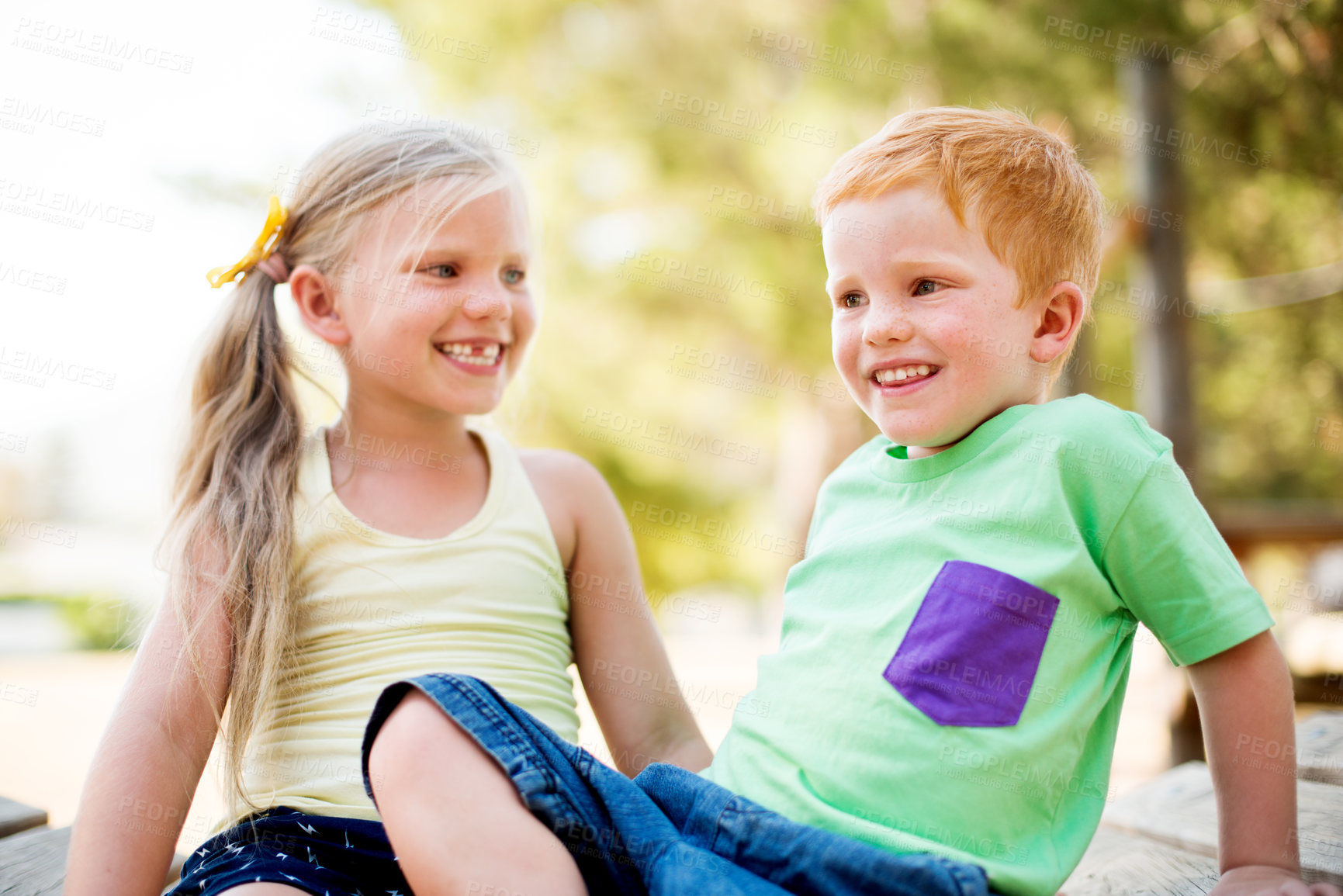 Buy stock photo Siblings, children and outdoor park for playing together, explore nature and playground for growth. Smile, kids and support with family bonding for happiness, childhood and fantasy adventure games