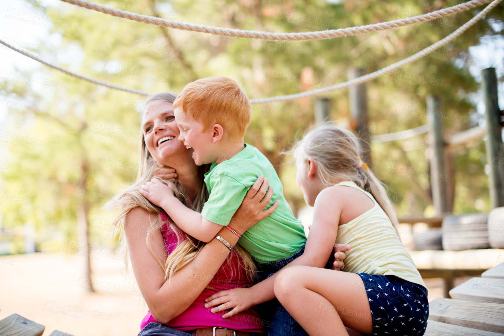 Buy stock photo Mother, children and outdoor park for hug, explore nature and playground for laughing together. Mommy, kids and support with family bonding for happiness, love embrace and fantasy adventure games