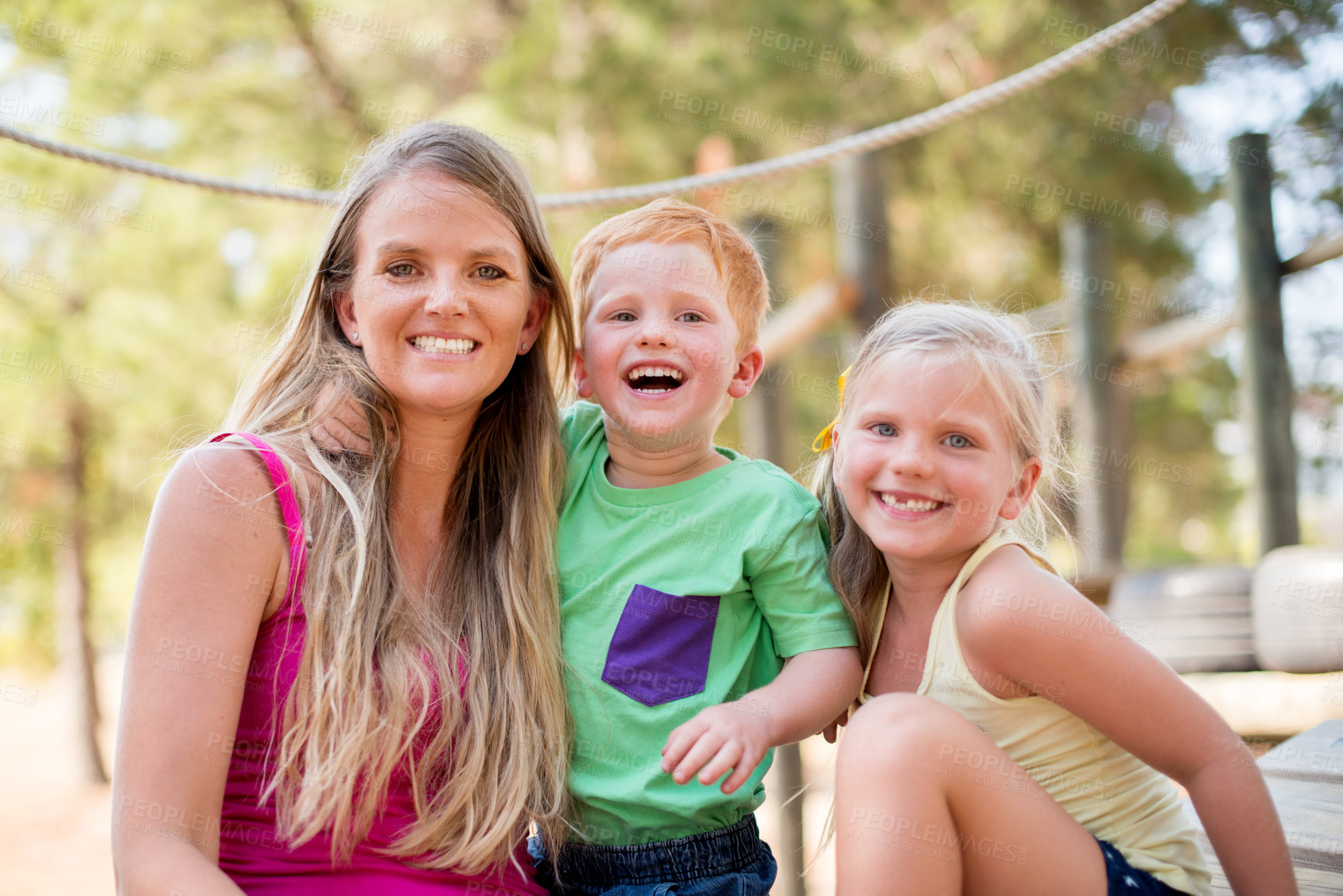 Buy stock photo Mother, children and outdoor portrait for hug, explore nature and playground for laughing together. Mommy, kids and support with family bonding for happiness, park embrace and fantasy adventure games
