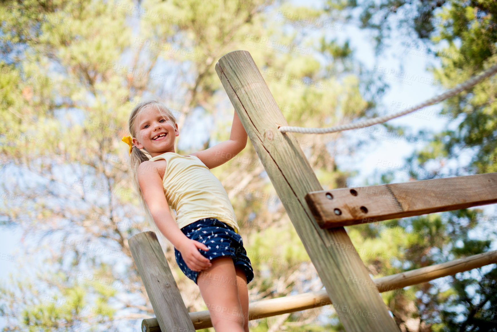 Buy stock photo Portrait, playing and child with smile, park and happy for fun in playground, growth or development. Outdoor, cheerful and joy for kid in weekend, healthy and games for youth in environment or Canada