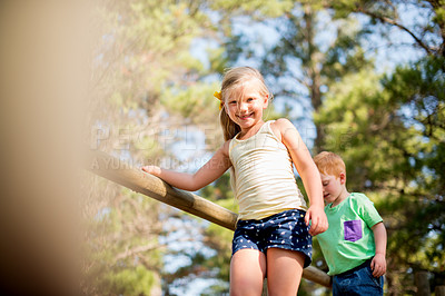 Buy stock photo Nature, jungle gym and portrait of kids in park playing together for school holiday, adventure or exploring. Happy, joy and children siblings climb on playground equipment outdoor for fun activity.