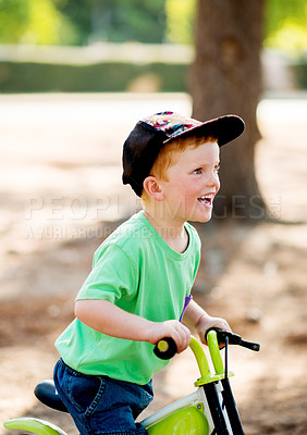 Buy stock photo Outdoor, boy and happy with bicycle for ride, learning and practice for physical development in park. Nature, child and cycling with bike for coordination, balance and childhood fun with activity