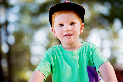 Buy stock photo Children, development and portrait with boy in nature for adventure, curiosity or exploration. Fresh air, relax and youth with kid outdoor in forest park for growth, learning or summer holiday