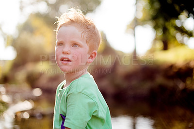 Buy stock photo Holiday, lake and boy hiking for countryside sightseeing, explore nature and outdoor travel destination. Tourism, child and water for trekking discovery, young adventure or summer journey on vacation