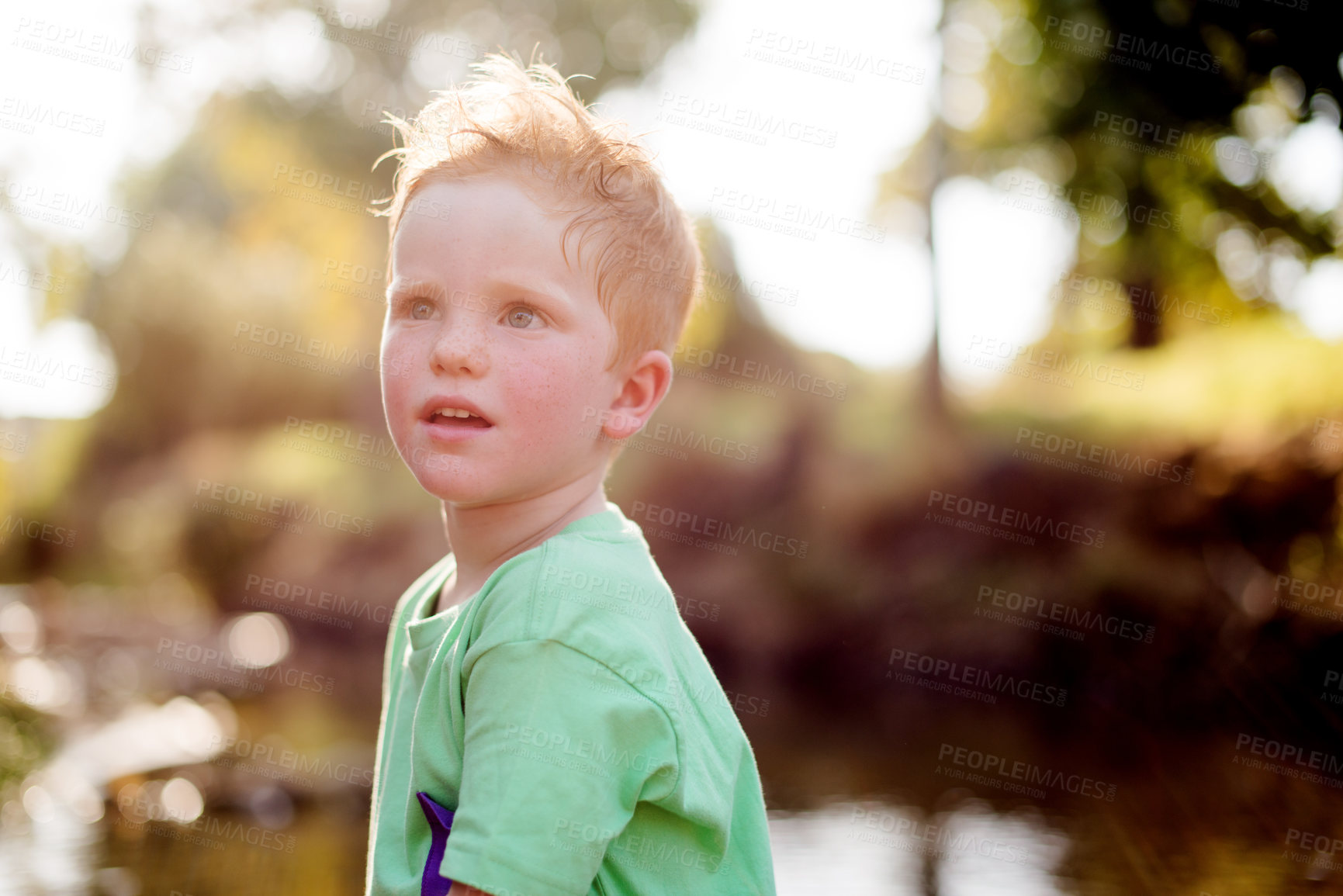 Buy stock photo Holiday, lake and boy hiking for countryside sightseeing, explore nature and outdoor travel destination. Tourism, child and water for trekking discovery, young adventure or summer journey on vacation