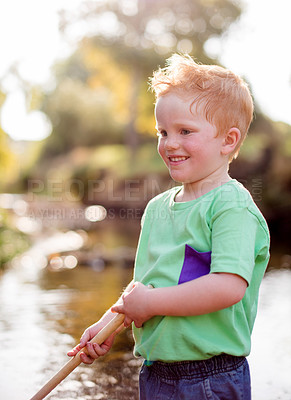 Buy stock photo Holiday, smile and kid outdoor for lake sightseeing, explore nature and hiking travel destination. Happy, boy and water for trekking discovery, young adventure and summer journey on vacation
