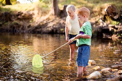 Buy stock photo Children, development and net for fishing at river in nature together for bonding, curiosity or growth. Discovery, family or travel with boy and girl kids in water for summer adventure or journey