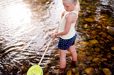 Buy stock photo Kid, water and play with fishing net on adventure, holiday and vacation in countryside. Hobby, catch and girl child in river with equipment for learning, explore and travel by lake in nature outdoor