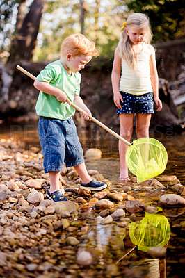 Buy stock photo Fishing, net and travel with children in nature for summer vacation, river and learning. Water, adventure and woods with kids playing in creek of forest for holiday, youth and fun together