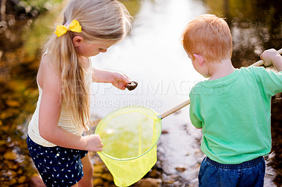 Buy stock photo Development, fishing and kids with net at river in nature together for bonding, curiosity or growth. Family, summer or travel with boy and girl children in water for adventure, discovery or journey