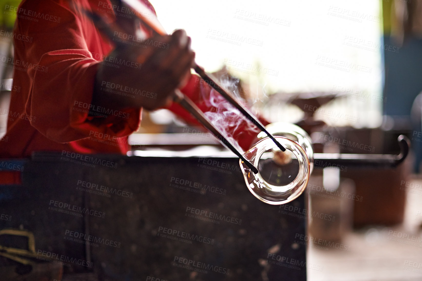 Buy stock photo Hands, worker and tools in glass factory for manufacturing, production process and industry. Glassware, craft and person with equipment to shape for art, recycling and forming with jacks in workshop