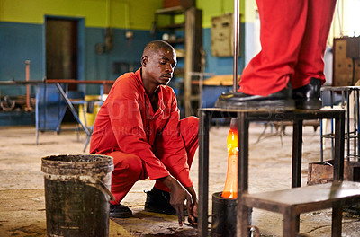 Buy stock photo Glassblowing, art and men with tools, factory and creative for manufacturing of glass and industry. Production, busy and people in uniform for craft, glassmakers and working for design of product