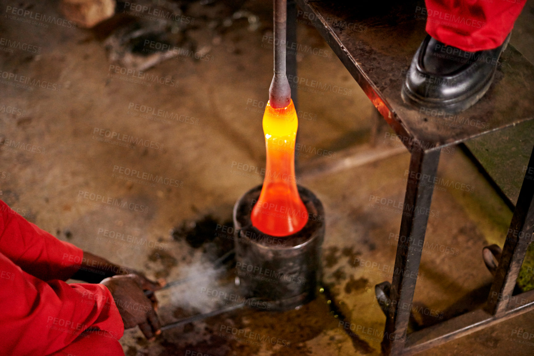 Buy stock photo Molten, glass and mold with glassblower, craftsman and artist for creative handicraft and forming decoration. Factory, people and production with industry, equipment and process for fragile bauble