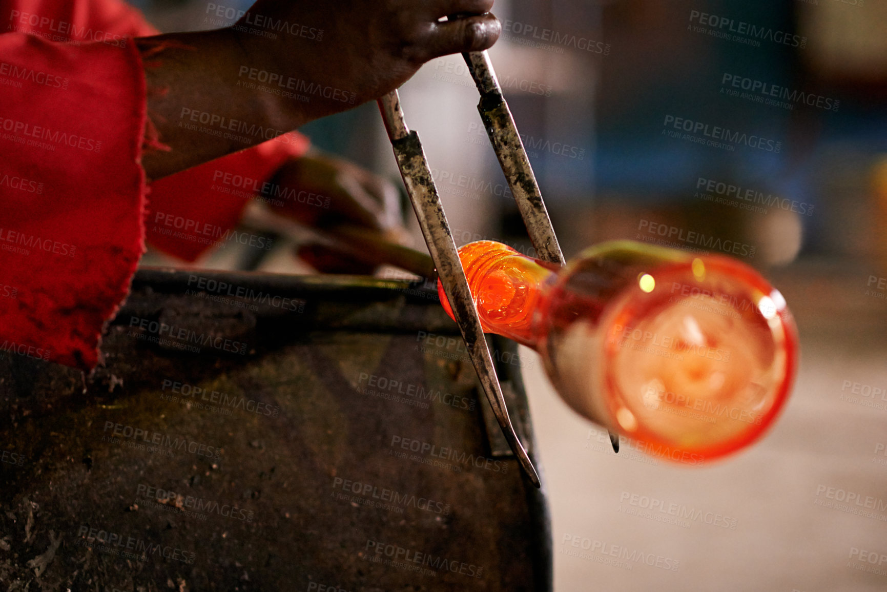 Buy stock photo Person, hands and glass in workshop for production, manufacturing or creativity in small business. Craftsman, tools or skill in startup factory for bespoke ornaments, design process or shaping method