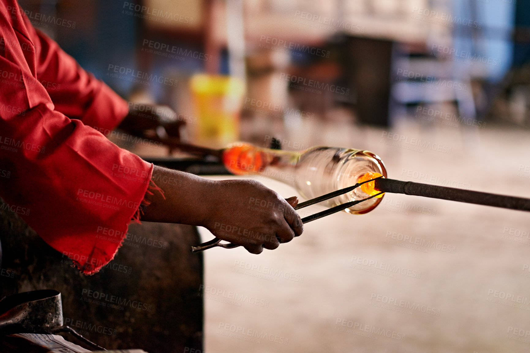 Buy stock photo Hands, tongs and worker in glass factory for industry, manufacturing or production process. Craft. glassware and person with tool for forming or shaping art closeup in forge and foundry workshop