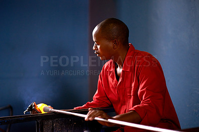 Buy stock photo Glass, artist and black man in workshop for craft, small business or technique with handmade shape. Art, product process and African glassblower in factory for sustainable project, design and tools