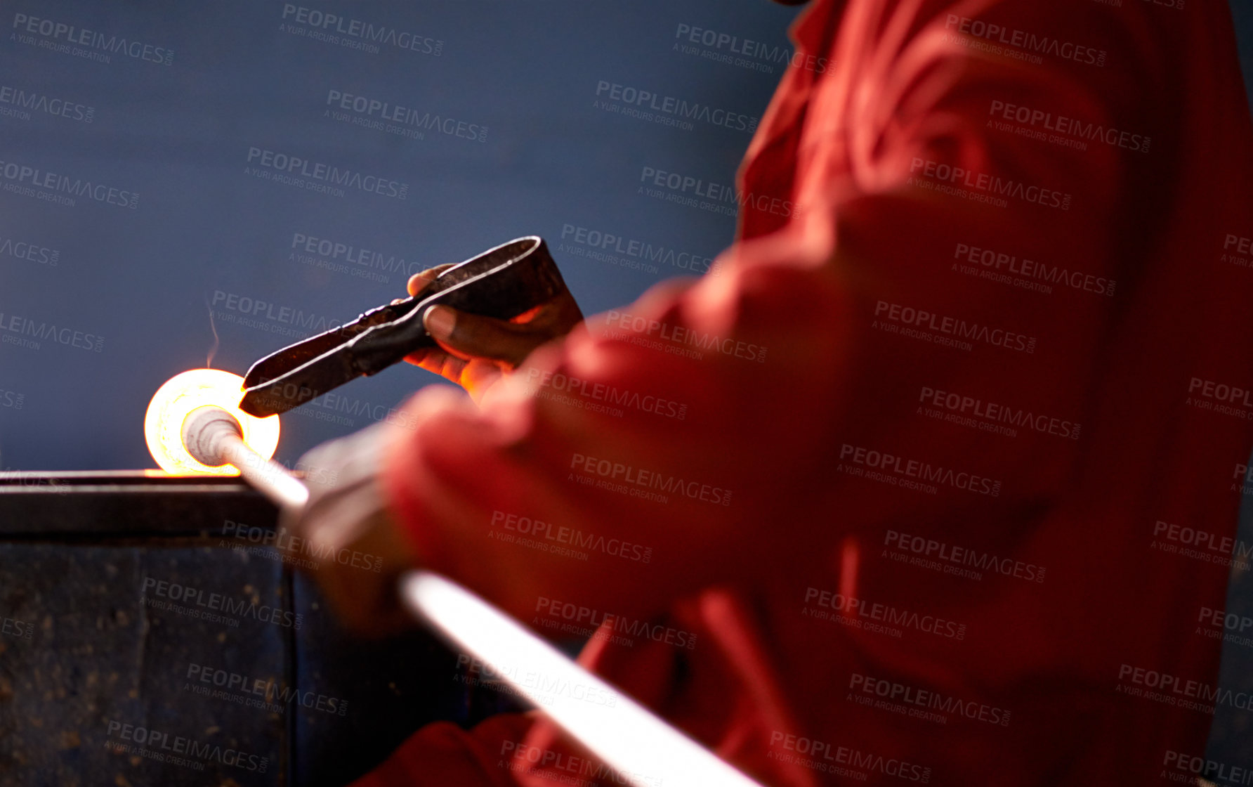 Buy stock photo Hands, glassblower and employee with blow pipe, technique and manufacturing with tools, heat and industry. Person, closeup and man with material, skills and productivity with craftsmanship or factory