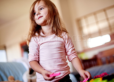 Buy stock photo Thinking, student and child in home with notes for remote learning, education or writing skills. School, assessment and female kid with stationery for creativity, drawing or development for ideas