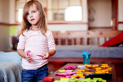 Buy stock photo Home, creative and girl child with mess for remote learning, education and writing skills. School, playing or artistic female kid with sticky notes for planning, drawing or development for project
