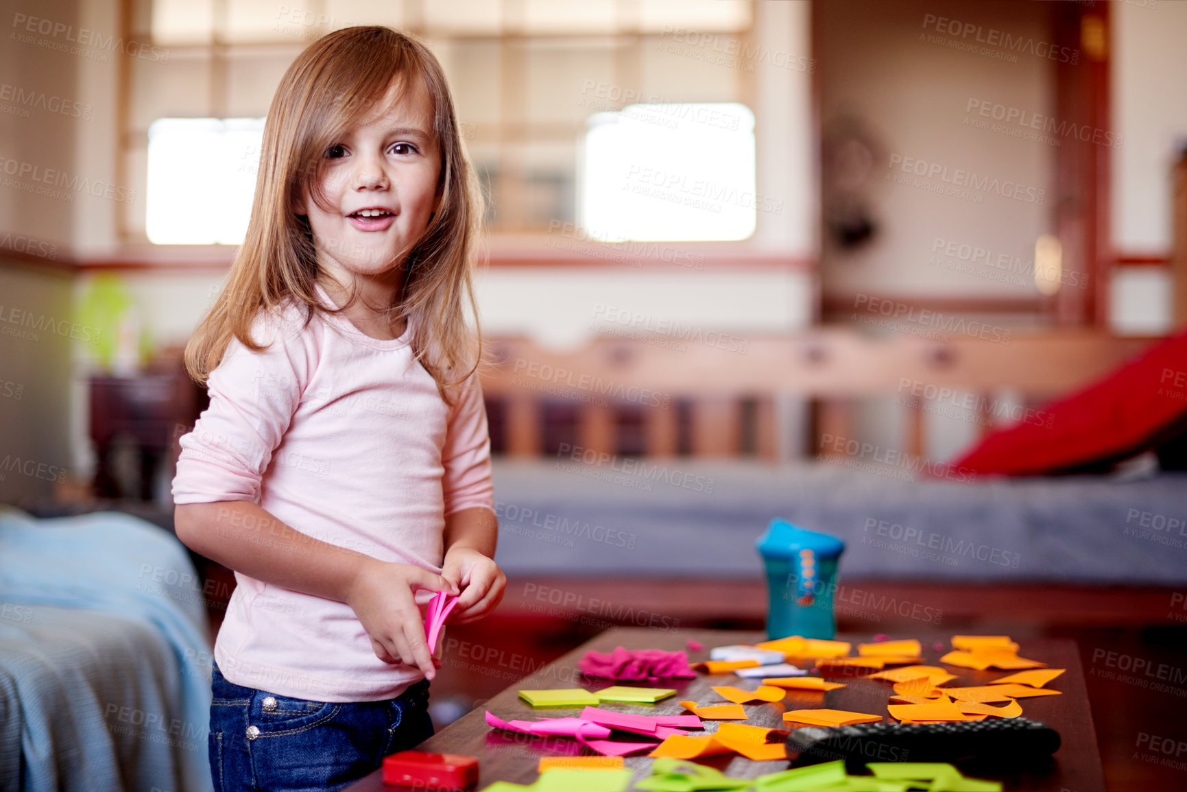 Buy stock photo Portrait, girl and child in home with sticky note for remote learning, education or writing skills. School, assessment and happy kid with stationery for creativity, drawing or development for project