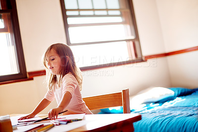 Buy stock photo Painting, drawing and art with girl in house for child development, learning talent and education. Creative, kindergarten and sketch with kid and paintbrush in family home for future, youth and color