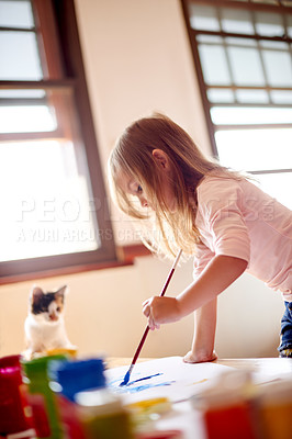 Buy stock photo Cat, child or painting in home for creativity, learning or crafts activity on paper. Young girl, kitten or artwork in living room for development, colorful project or creative outlet with animal care