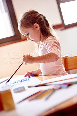 Buy stock photo Painting, creative and art with girl in house for child development, drawing talent and education. Learning, kindergarten and sketch with kid and paintbrush in family home for future, youth and color