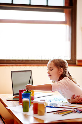 Buy stock photo Painting, youth and learning with girl in house for child development, drawing talent and education. Art, kindergarten and sketch with kid and paintbrush in family home for future, creative and color