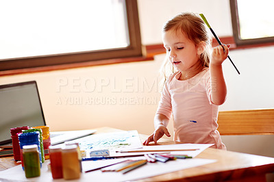 Buy stock photo Creative, art and child painting in home for elementary school project, homework or assignment. Equipment, activity and girl kid creating picture for fine motor skills, imagination and development.