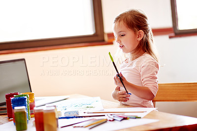 Buy stock photo Creative, activity and child painting in home for elementary school project, homework or assignment. Equipment, art and girl kid creating picture for fine motor skills, imagination and development.