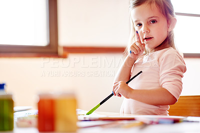 Buy stock photo Painting, mess and art with portrait of girl in house for child development, drawing talent and education. Creative, kindergarten and sketch with kid in family home for future, youth and color