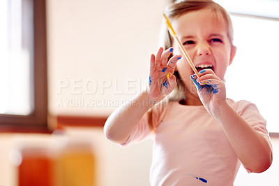 Buy stock photo Painting, mess and art with girl in house for child development, drawing talent and education. Creative, kindergarten and sketch with kid and paintbrush in family home for future, youth and color