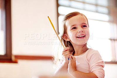Buy stock photo Home, painting or happy child with brush for remote learning, ideas or sketching skills. Activity, creative or artistic kid painter with smile for craft education, drawing or development for project