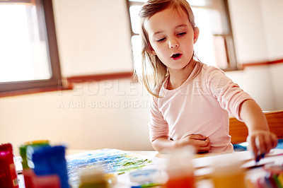 Buy stock photo Artistic, creative and painting with girl in bedroom of home for education, homework or learning. Art project, inspiration and picture with kid student at desk in apartment for colorful expression