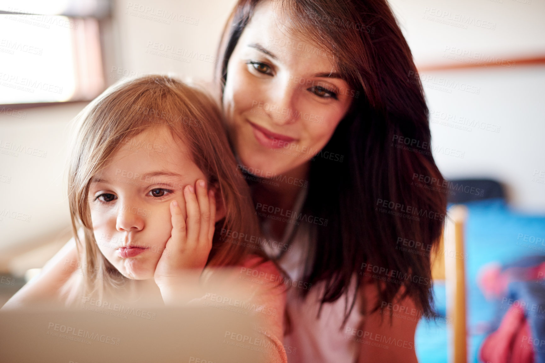 Buy stock photo Woman, child and relax in home with tablet, memory game app and bored on video call. Tech, mother and daughter in living room with connectivity, streaming media and educational website for learning