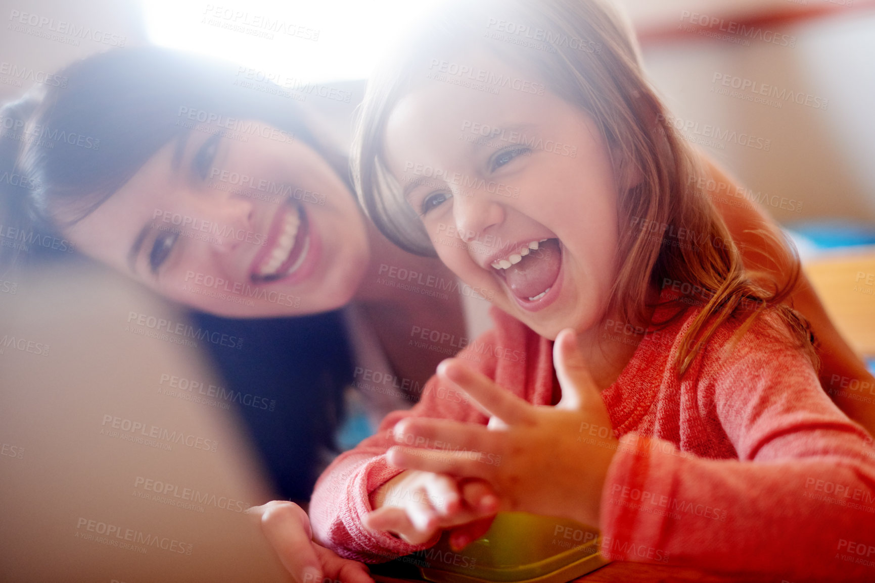 Buy stock photo Fun, child and mom with laptop, home and streaming of educational video, growth and watching. House, woman and bonding with daughter for knowledge, counting and studying for cognitive development