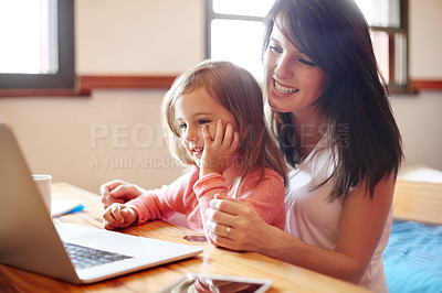 Buy stock photo Remote work, child and woman with laptop, house and smile for bonding with daughter, online or family. Happy, kid and parent with project for virtual job, writer and planning for deadline in home