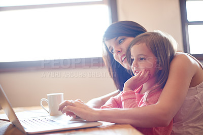 Buy stock photo Remote work, child and woman with laptop, online and smile for bonding with daughter, house or family. Happy, kid and parent with project for virtual job, writer and planning for deadline in home
