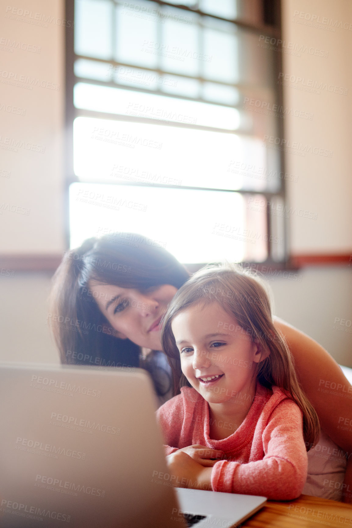 Buy stock photo Laptop, online education and mother with kid in house for elearning app, kindergarten student and creative phonic skills. Child development, teaching and helping with woman and girl in family home