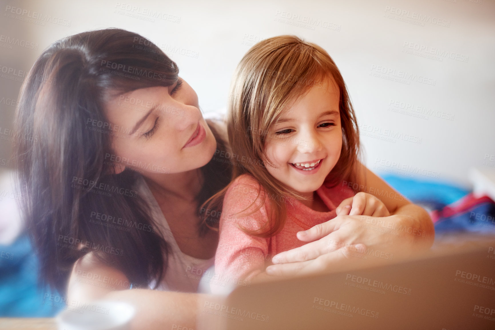 Buy stock photo Laptop, elearning and smile with mother with kid for online education app, kindergarten student and creative phonic skills. Child development, teaching and search with woman and girl in family home